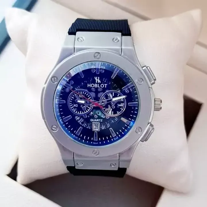 ساعت مچی مردانه (پسرانه) هابلوت Hublot تقویم دار عقره ایی بند سیلیکات مشکی موتور نمایان طرح دو موتوره طوسی کد2738