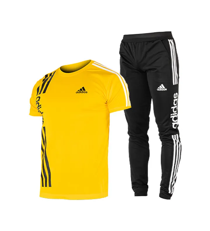 ست تیشرت و شلوار مردانه آستین کوتاه زرد Adidas ساده یقه گرد