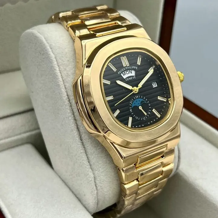 ساعت مچی مردانه دو تقویم طرح خورشید و ماه بند استیل رنگ ثابت patek Philippe