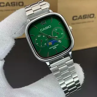 ساعت مچی مردانه کاسیو مربعی casio کلاسیک بند استیل نقره ایی صفحه نمایش سبز موتور ژاپن طرح دو موتوره تقویم دار کد2812