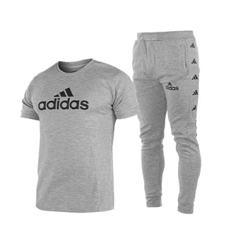 ست تیشرت و شلوار مردانه آستین کوتاه طوسی Adidas ساده یقه گرد