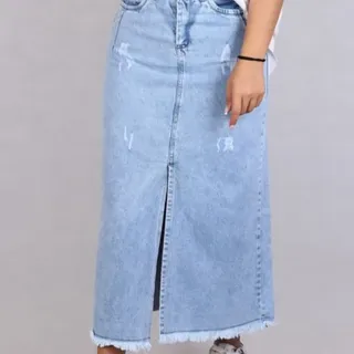 دامن جین جنس جین اصل تا سایز 46 رنگ آبی یخی زیبا پایین ریش