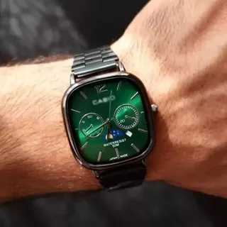 ساعت مچی مردانه کاسیو مربعی casio کلاسیک بند استیل مشکی صفحه نمایش سبز موتور ژاپن طرح دو موتوره تقویم دار کد2813