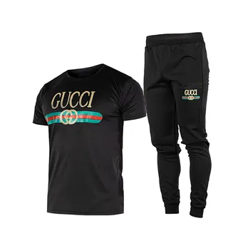 ست تیشرت و شلوار مردانه آستین کوت�اه مشکی Gucci ساده یقه گرد