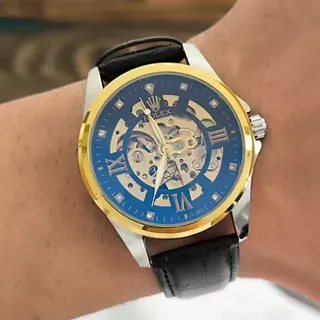 ساعت مچی اتومات قلب باز پشت شیشه ای بند چرم رولکس  ROLEX AUTO