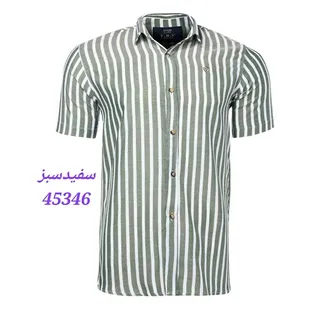 پیراهن اسپرت کنفی مردانه آستین کوتاه راه راه  رنگ سفید سبز 45346 سایز L، XL، XXL، XXXL یقه برگردان نحوه بسته �شدن دکمه-ای