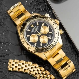 �ساعت مچی عقربه ای مردانه Rolex صفحه مشکی بند طلایی کد 2038