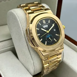 ساعت مچی مر�دانه دو تقویم طرح خورشید و ماه بند استیل رنگ ثابت patek Philippe