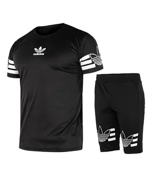 ست تیشرت و شلوارک مردانه آستین کوتاه مشکی Adidas ساده �یقه گرد